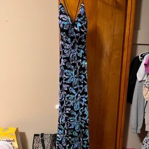 Elegant Black and Blue Floral Prom Dress